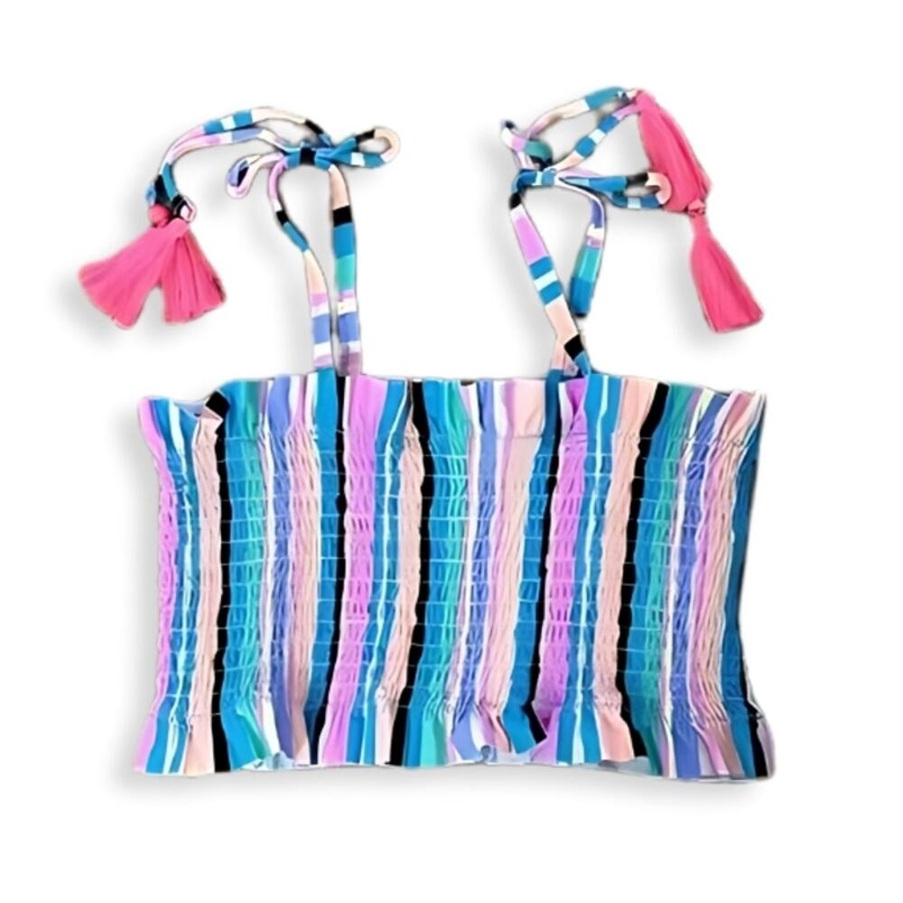 Beach Lingo Bathing Suit Top Sleeveless Striped Smocked Multicolor Girl 14 NWOT